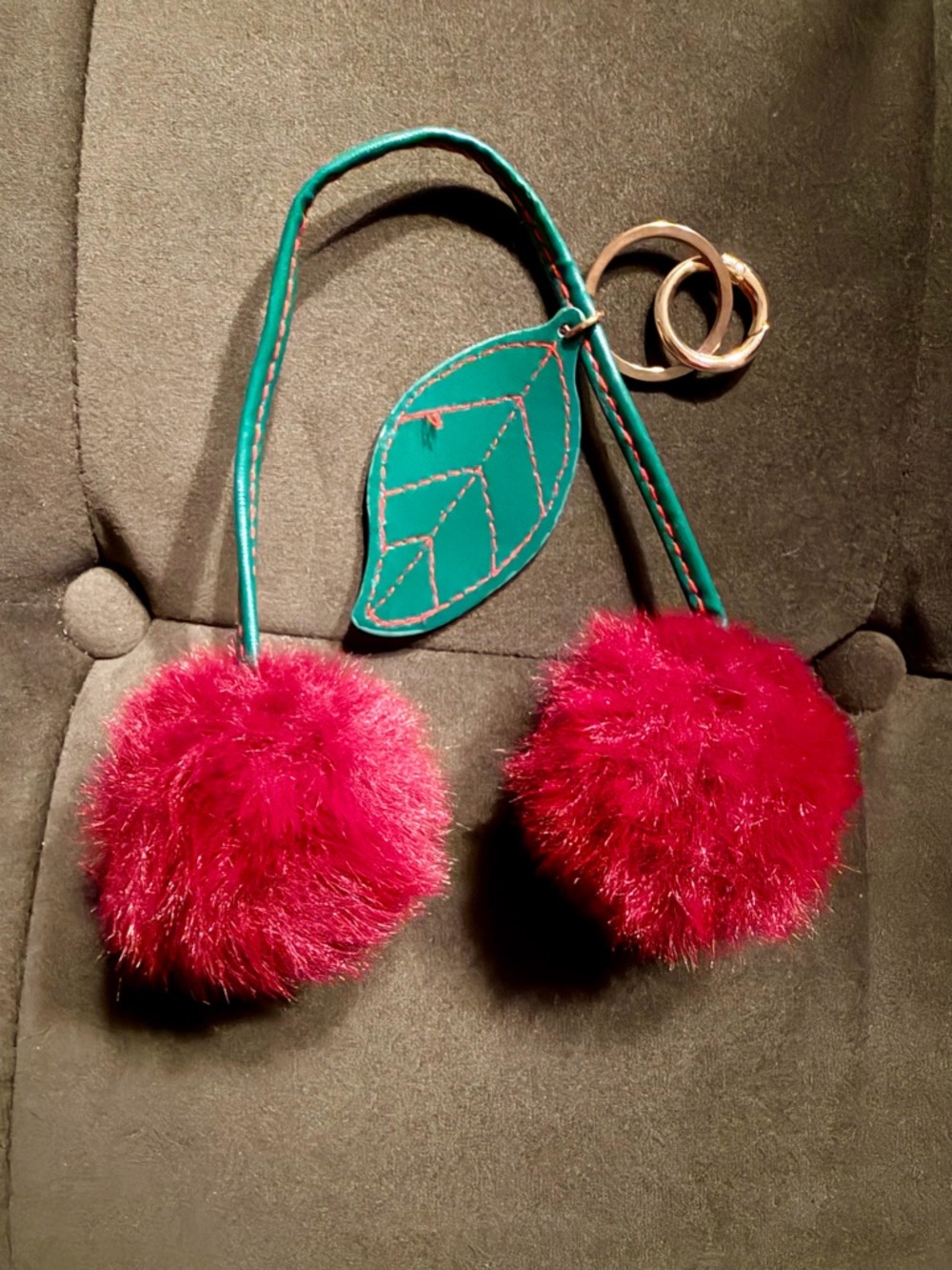 Fuzzy Faux Fur Cherry Keychain - Red Pom Pom Accent